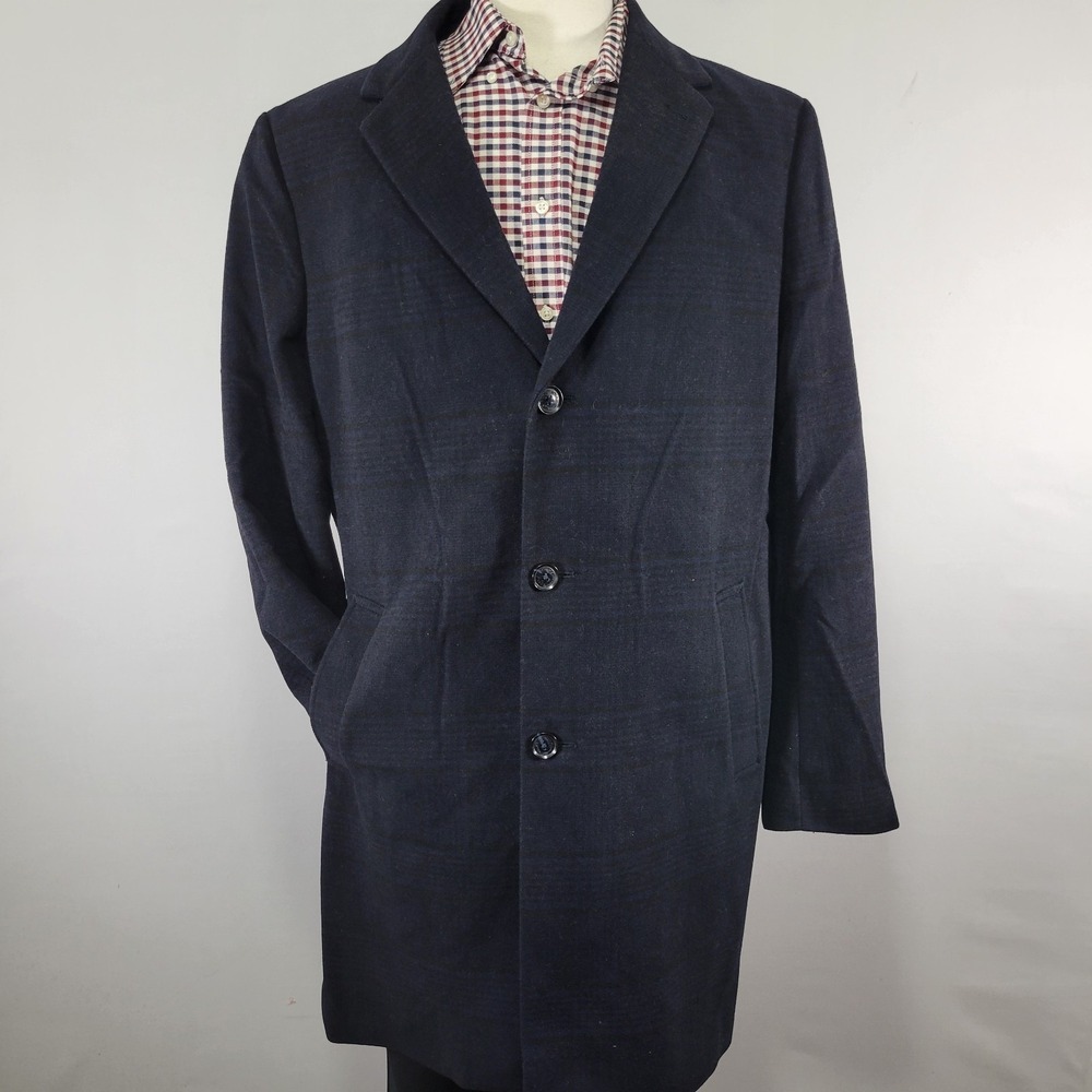 Tommy Hilfiger Men's Overcoat Flannel Wool Blend Black Navy Plaid Size 44R